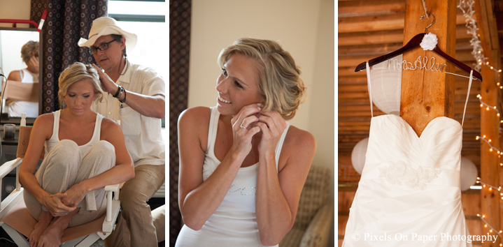 Bride preparing for outdoor country mountain wedding at big red barn in west jefferson nc photo