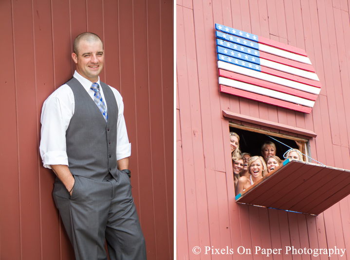 Bride and groom in barn at outdoor country mountain wedding at big red barn in west jefferson nc photo