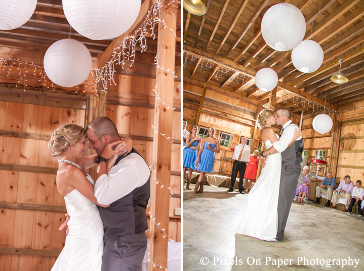Bride and groom first dance at outdoor country mountain wedding at big red barn in west jefferson nc photo