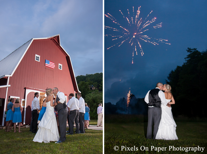Bride and groom fireworks at outdoor country mountain wedding at big red barn in west jefferson nc photo