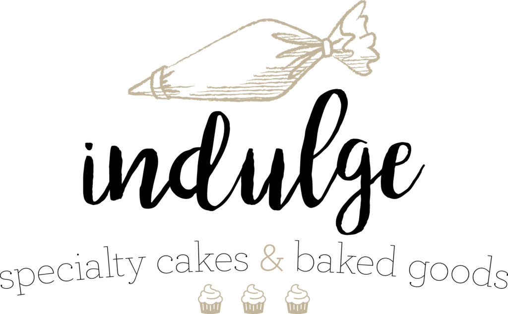 Logo with pastry bag at top and Indulge name with 3 small cupcakes along bottom