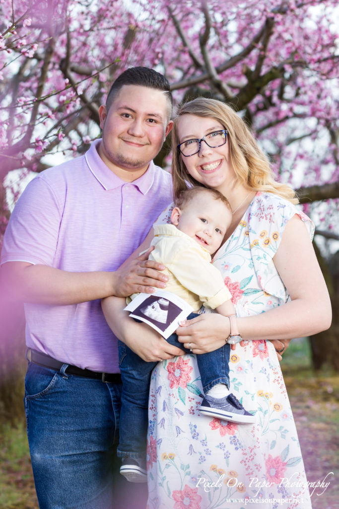 Orozco family outdoor peach orchard portrait baby announcement photo