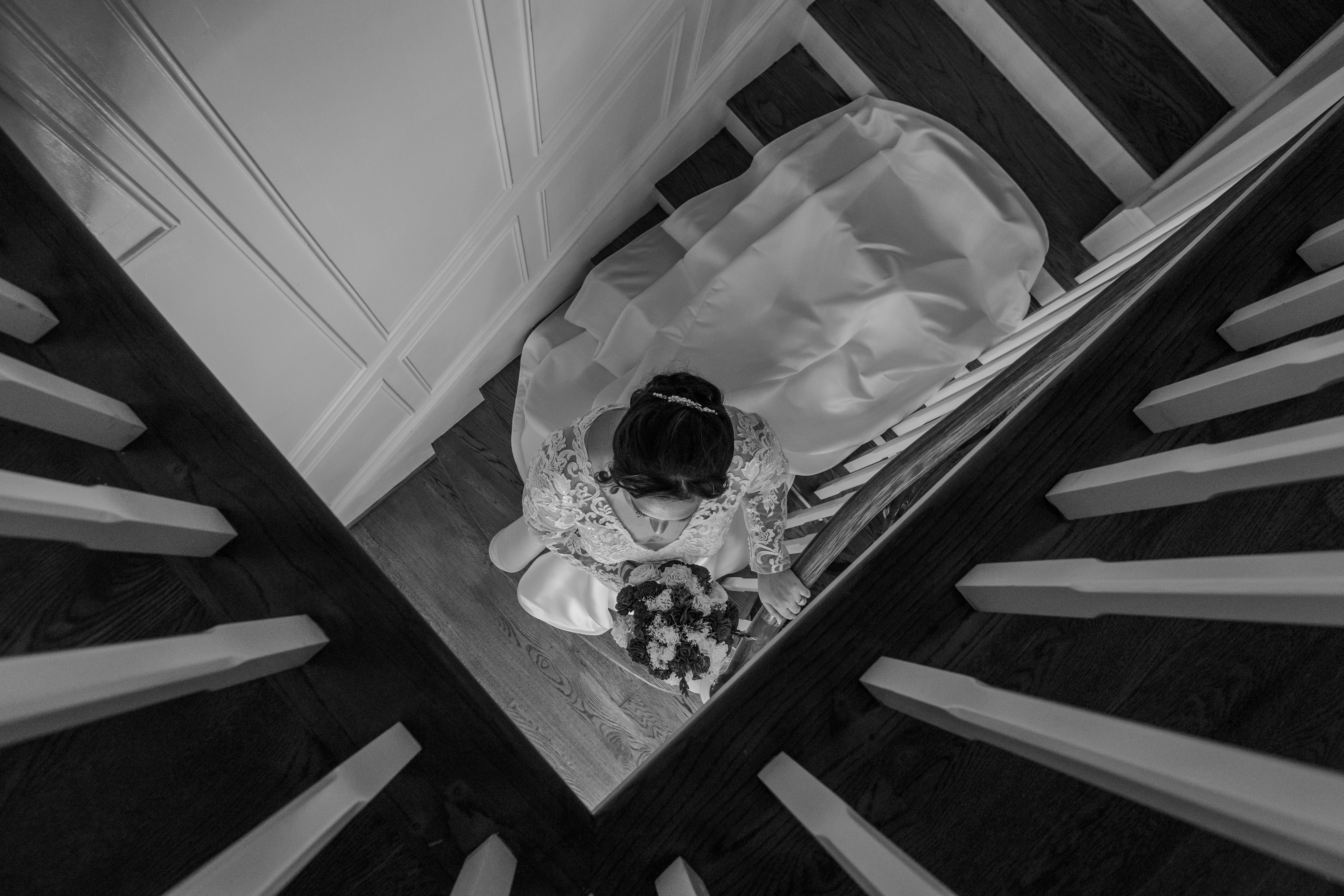 Katie Russo Pleasant Grove Farm black and white stairway bridal portrait photo
